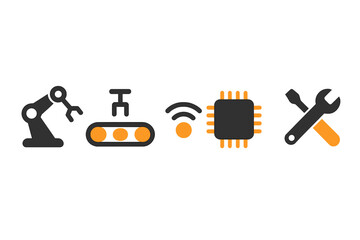 Visualizing Industrial Automation & Digital Manufacturing: Icons for Robotics, Assembly Lines, Wireless Connectivity, CPUs, and Tools in a Smart Factory Concept