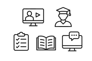 Modern Icons for Digital Education and Online Learning: Featuring Graduation, Checklists, Books, and Communication Symbols on a Dark Background for Study Resources and Platforms.