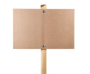 Blank sign on wooden post for creating custom messages outdoors on a transparent background, cut out