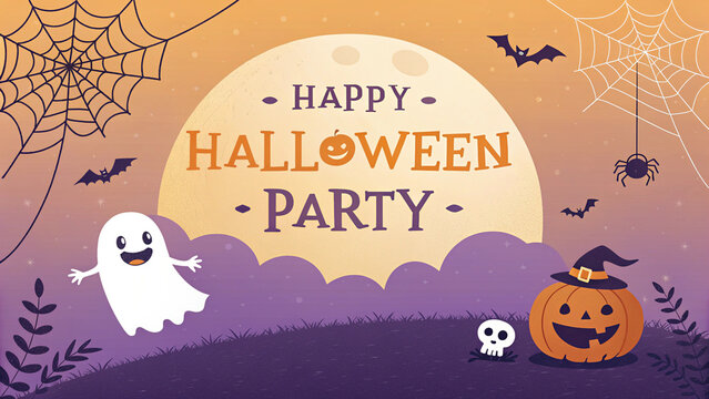 Happy Halloween Party Invitation With Moon Ghost Pumpkin And Bats greeting - Powered by Adobe