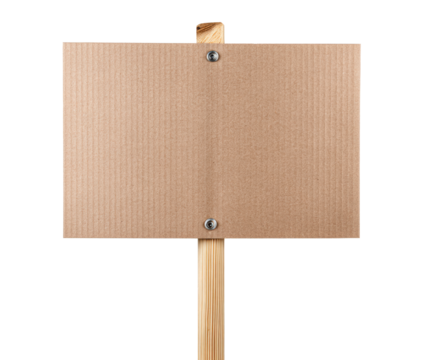 Blank sign on wooden post for creating custom messages outdoors on a transparent background, cut out