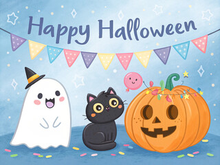 Happy Halloween with cute ghost black cat pumpkin and festive decorations holiday celebration