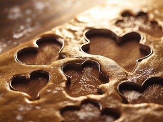 Close-up of heart-shaped cookie cutters pressed into dough on a wooden board.