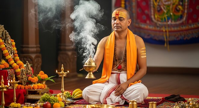 Indian Brahmin Priest Performing Puja.