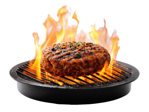 Delicious grilled burger with flames for summer barbeque on a transparent background, cut out