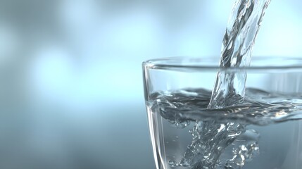 Clear water is poured into a glass against a soft, light-blue background, showcasing the dynamic movement of the liquid.