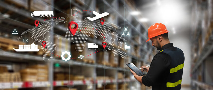 IoT smart logistics concept with a warehouse worker using a tablet to monitor global shipping routes and supply chain data, integrating trucks, ships, and planes for efficient and connected  - Powered by Adobe