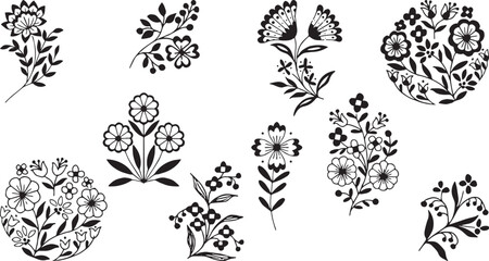​A set of black-and-white vector floral designs in a traditional folk art style, featuring various flowers and leaves.
