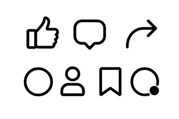 Collection of popular social media icons: thumbs up, speech bubble, share arrow, profile silhouette, bookmark, and progress bar on dark background. This vector illustration represents common user int