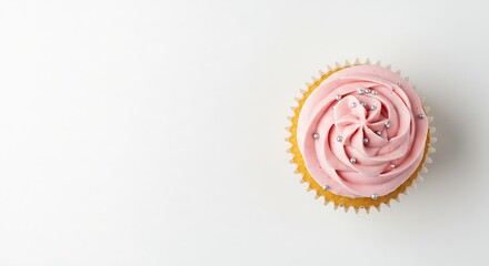 A single sweet cupcake with pink buttercream frosting and silver sprinkles isolated on a white background, top-down view with copy space for celebration text.