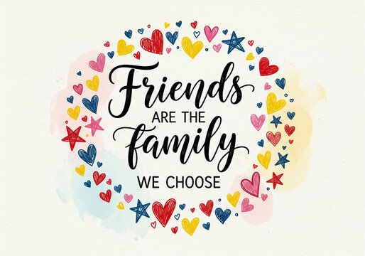 Friends are the family we choose inspirational quote in a colorful heart and star wreath