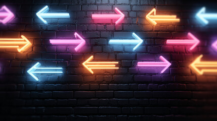 Neon Arrows on Brick Wall: Abstract Background for Direction, Choice, and Movement