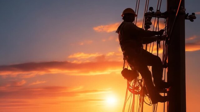 A silhouetted worker climbs a utility pole at sunset, with vibrant orange and purple skies in the background, symbolizing hard work and dedication in the energy sector