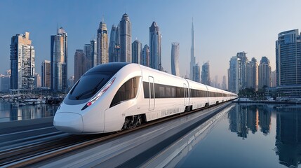 Naklejka premium A high-speed train in a white color is passing through the citywith skyscrapers reflecting on the water behind it