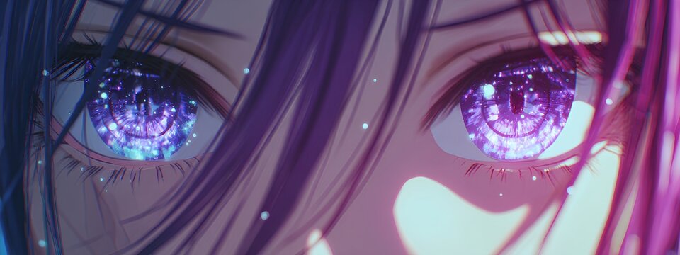 Close-up anime eyes with galaxy reflection, glowing cosmic aesthetic, purple hair fantasy artwork
