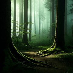 Misty Forest with Sunlight and Moss