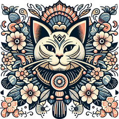 Vector illustration design image sketch icon logo symbol cat head with details accessories decoration ethnic classic vintage traditional abstract modern