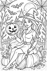 Fototapeta premium Witch holding pumpkin and broom sitting in haunted Halloween garden