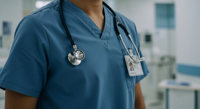 Healthcare Professional Wearing Blue Scrubs with Stethoscope and Id Badge in Hospital Setting
