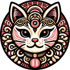 Vector illustration design image sketch icon logo symbol cute cat head with classic ethnic details vintage traditional abstract modern
