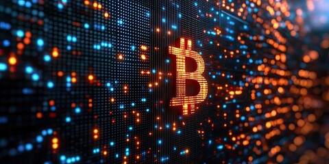 Bitcoin Symbol Illuminated on Digital Data Wall
