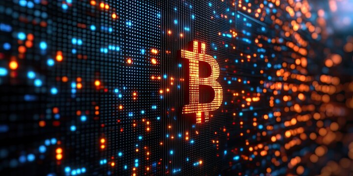 Bitcoin Symbol Illuminated on Digital Data Wall