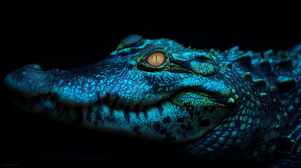 Fototapeta premium Mesmerizing Crocodile Close-Up: Vibrant Scales & Glowing Eyes