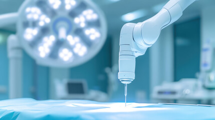 Robotic arm performing a medical procedure in an operating room. High-tech surgical innovation