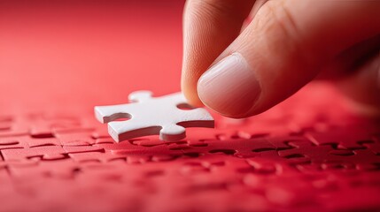 Obraz premium Human Hand Aligning Final Puzzle Part on Red Surface Showing Connection, Accuracy, and Precision