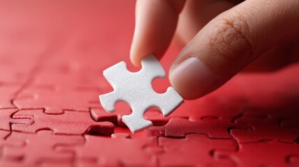 Human Hand Aligning Final Puzzle Part on Red Surface Showing Connection, Accuracy, and Precision