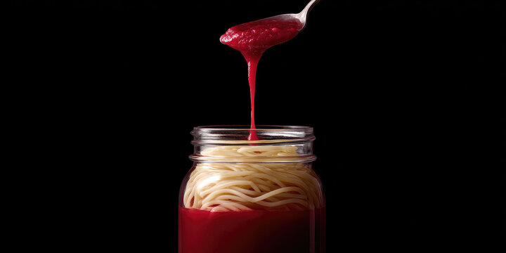 Spaghetti is in a jar with red sauce being poured from a spoon. Cooking, food preparation, Italian cuisine - Powered by Adobe