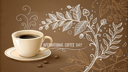International Coffee Day celebrated with a cup of coffee and floral illustrations on brown background