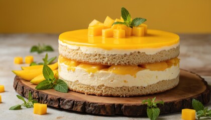Two-layer mango mousse cake with fresh mango slices, mint leaves. Features soft sponge cake layers, creamy mango mousse filling, glossy mango glaze topping. Presented on rustic wooden board, perfect
