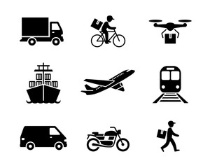 Collection of delivery and transportation vehicle icons silhouette isolated on white background