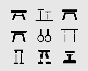 Collection of gymnastics equipment silhouettes isolated on white background