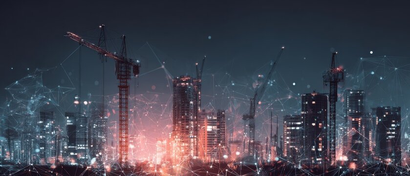 Night view of a futuristic smart city skyline with glowing network connections and construction cranes