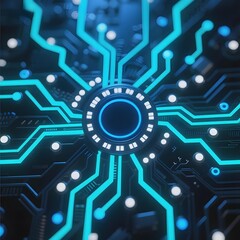 Glowing Circuit Board with Central Hub and Radiating Connections