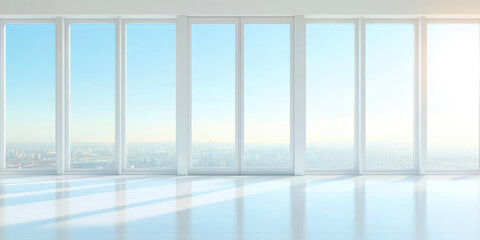 Large floor-to-ceiling windows offer a panoramic view of a city skyline under a clear blue sky. Minimalist architecture, urban skyline, tranquility
