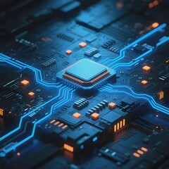 Obraz premium Advanced Circuit Board with Illuminated Pathways and Microprocessors