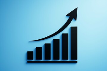 Black bar graph with upward trending arrow indicating growth and success on a blue background