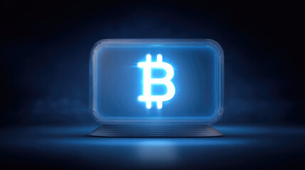 Obraz premium A glowing blue cryptocurrency bitcoin symbol is displayed on a digital screen. Concept: Digital currency, futuristic technology