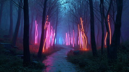 Neon Forest Path: Cyberpunk Nature Scene - Artistic Background