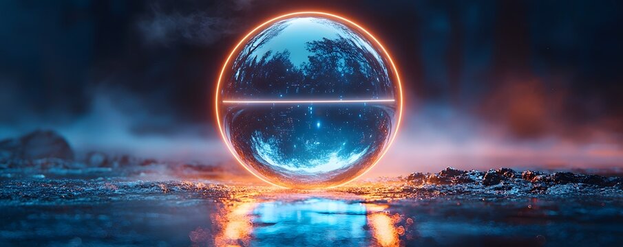 Neon loading ring surrounding a glowing electric blue sphere