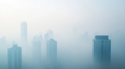 Skyscrapers partially obscured by dense fog create a mysterious and serene cityscape. Urban skyline in misty weather