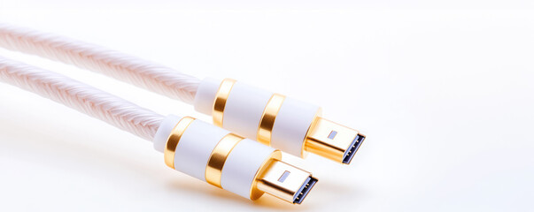 Two white and gold cables with connectors are placed side by side. Concept: connectivity, technology, electronics, data transmission