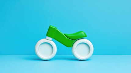 A toy bike with a green frame and white wheels is placed on a blue surface. Concept: minimalist, playful design