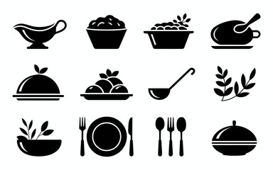 Collection of thanksgiving dinner food and serving utensil icons silhouette isolated on white background