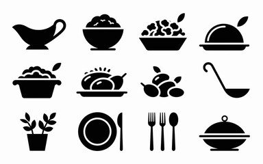Collection of food and dining icons silhouette isolated on white background