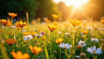 Obraz premium Golden sunlight bathes wildflowers in a vibrant meadow , daisy, orange