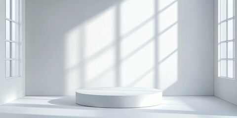 A circular white podium is centered in a room with large windows casting shadows on the walls. Minimalistic, bright, and modern interior design